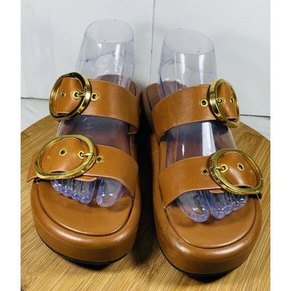ZARA BUCKLED LEATHER WEDGE SANDALS BROWN SIZE 6.5 - Picture 3 of 8
